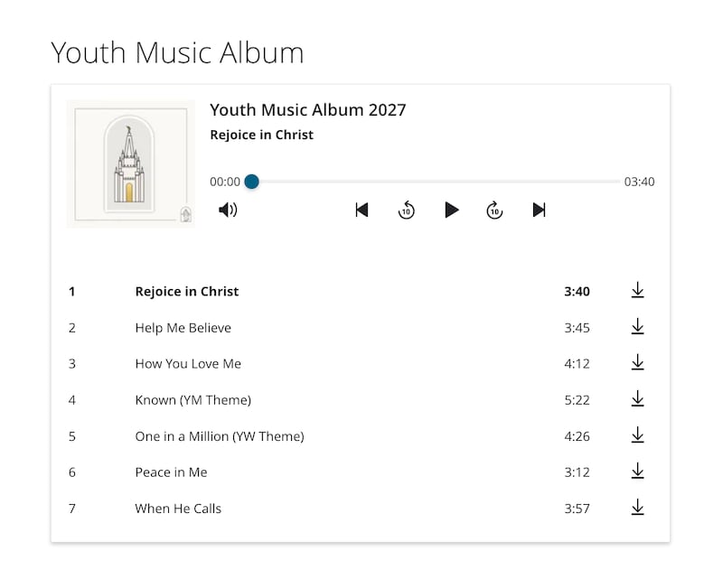 The 2027 youth album "Rejoice in Christ" is pictured on youth.ChurchofJesusChrist.org