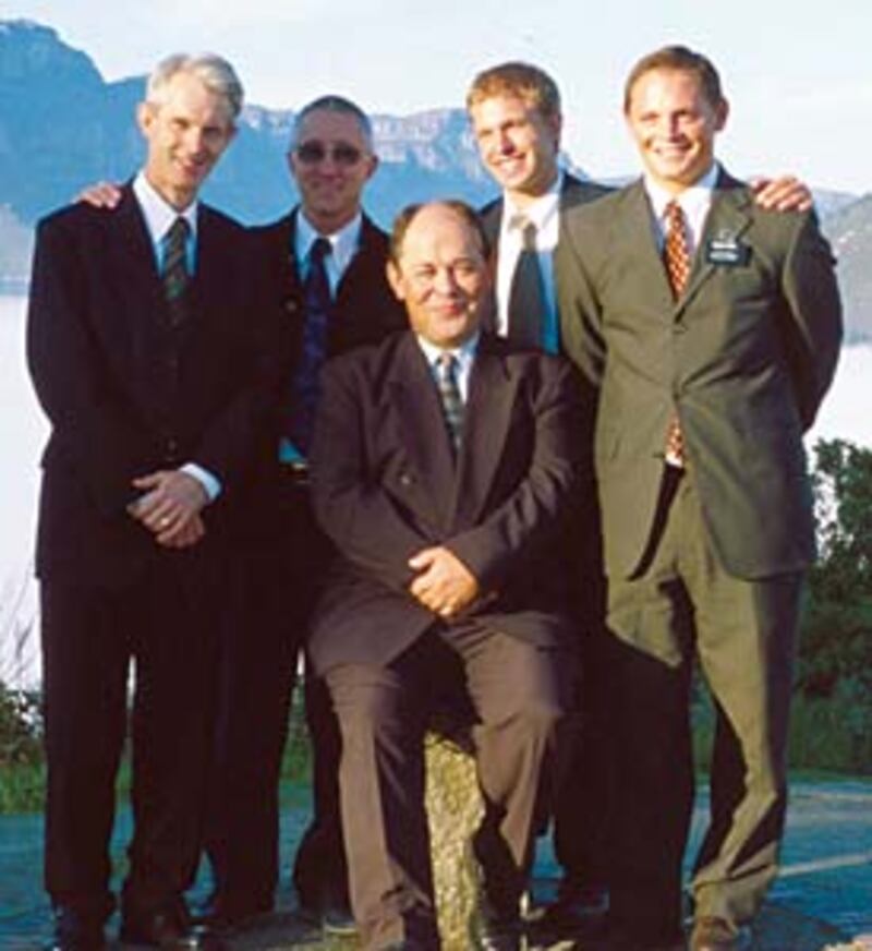 Duncan Mac Millan, left, Geoff Spires, Mervyn Giddey, Elders Shawn Magleby and Brett Kearl.