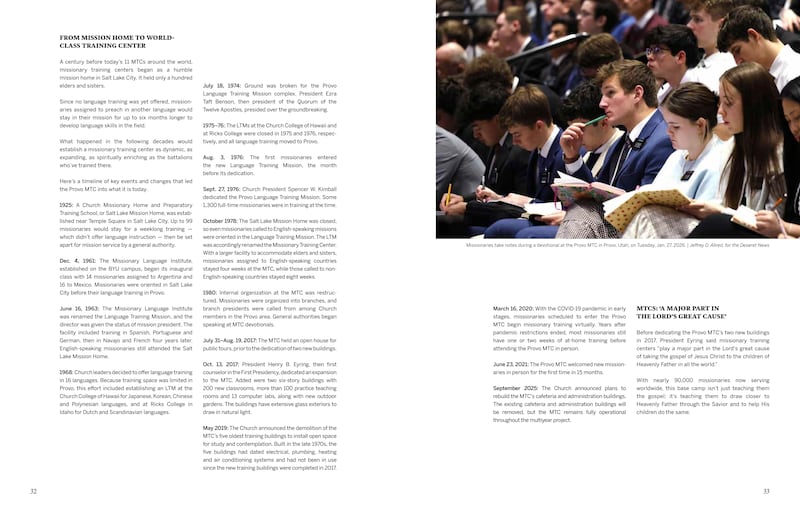Pages 32-33 of the Missionary Work in The Church of Jesus Christ of Latter-day Saints magazine published in September 2026 includes an article about the history of the Provo Missionary Training Center.