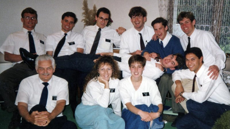 A group of 10 missionaries in the France Bordeaux Mission in 1991.