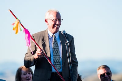 Mormon Miracle Pageant president Milton Olsen shows off the arrows have been flying at the Samuel the Laminate character during June 2018 performances and dress rehearsals. Olsen said no arrows have hit the actor as of June 20.