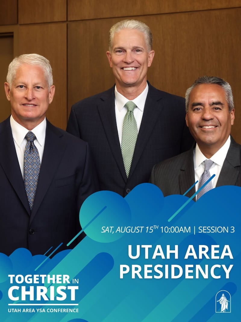 Members of the Utah Area presidency —Elder Brian K. Taylor, center; Elder John A. McCune, left; and Elder Jorge T. Becerra, right — are announced as keynote speakers for the 2026 Utah Area YSA Conference in a July 24 social media post.