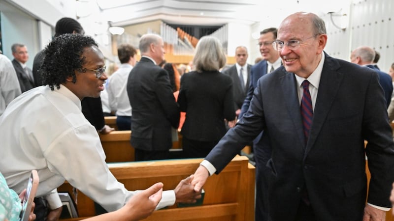 Elder Quentin L. Cook of the Quorum of the Twelve Apostles interacts with members and friends of the Church during a devotional broadcast across the UK and Ireland, originating from the Hyde Park Chapel in London on Sunday, May 24, 2026.