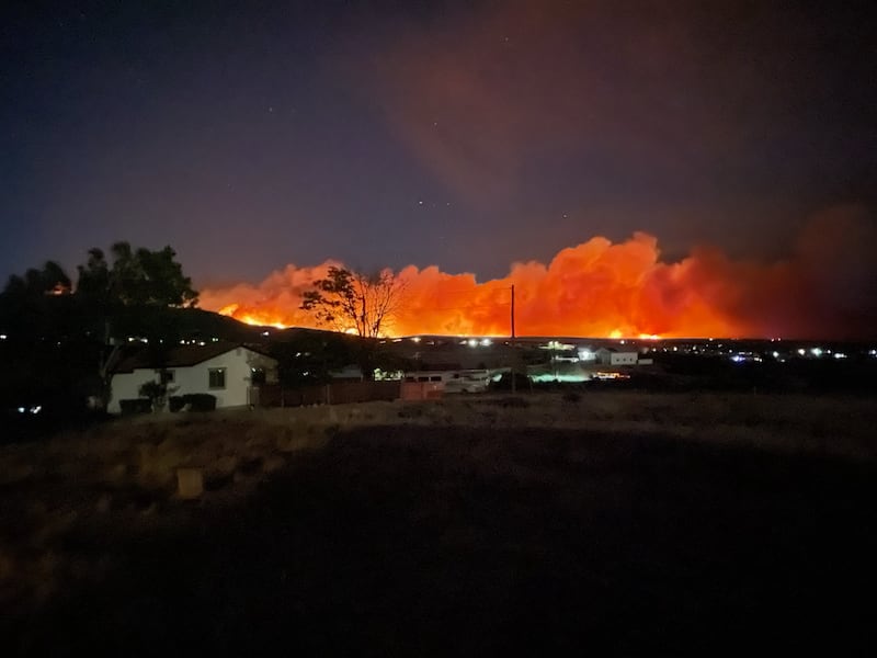 The Aspen Acres fire as seen from Rye, Colorado, on the night of July 2, 2026.