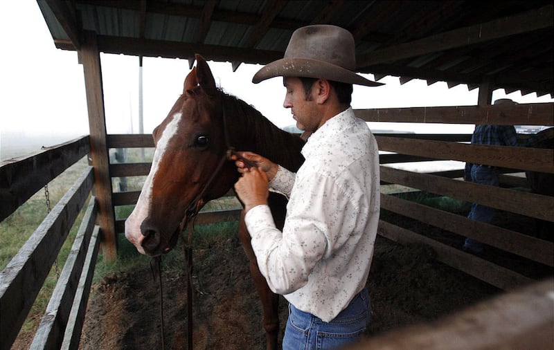 Marshall Godsey bridles his horse as a work day begins at Deseret Ranches of Florida in May 2011.