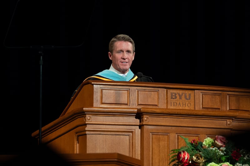 Young Men General President Timothy L. Farnes speaks to graduates during commencement held in the BYU–I Center in Rexburg, Idaho, on Thursday, Dec. 18, 2025.