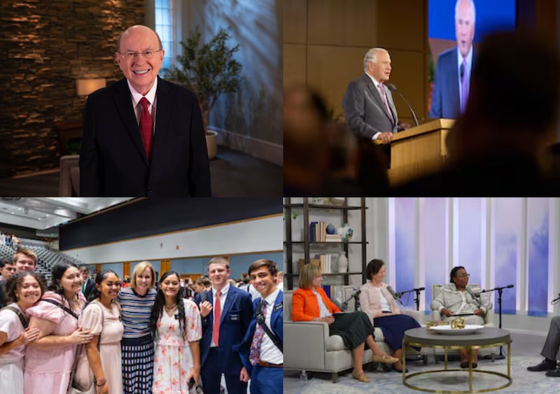 Clockwise from top left: Elder Quentin L. Cook of the Quorum of the Twelve Apostles speaks during a devotional broadcast to BYU–Pathway Worldwide students on Friday, July 31, 2026; Elder Ronald A. Rasband of the Quorum of the Twelve Apostles speaks during the 2026 Seminar for New Mission Leaders on Thursday, June 18, 2026, in the Provo Missionary Training Center in Provo, Utah; Primary General President Susan H. Porter, center; Sister Amy A. Wright, first counselor, left; and Sister Tracy Y. Browning, second counselor, speak during an episode of the Church News podcast released Tuesday, July 28, 2026; Sister Wright, center, first counselor in the Primary general presidency and a member of the Missionary Executive Council, poses for a photo with missionaries after the weekly devotional at the Provo Missionary Training Center in Provo, Utah, on Tuesday, July 28, 2026.