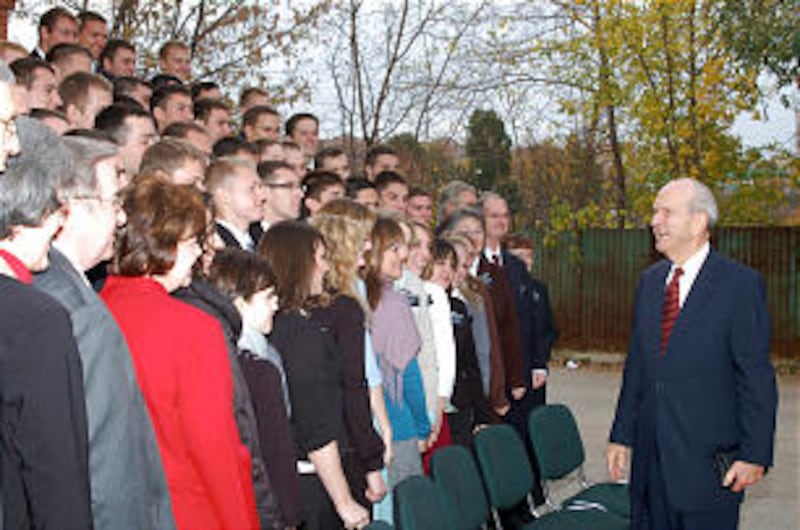 Elder Russell M. Nelson greets missionaries in the Russia Samara Mission.