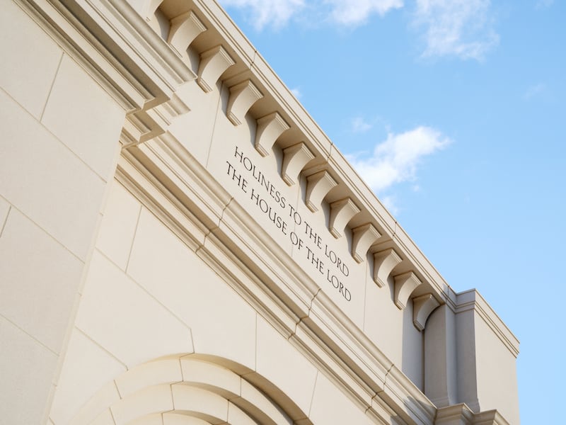 "Holiness to the Lord: The house of the Lord" is displayed above the entrance of the Cody Wyoming Temple.