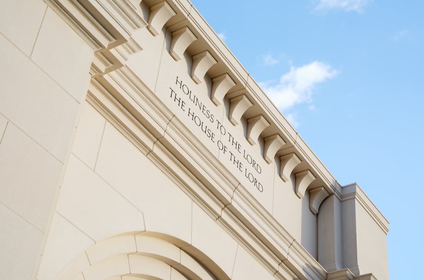 "Holiness to the Lord: The house of the Lord" is displayed above the entrance of the Cody Wyoming Temple.