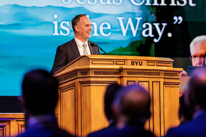 Brother Sean R. Dixon, second counselor in the Young Men general presidency, speaks during a BYU campus devotional in the Marriott Center in Provo, Utah, on Tuesday, March 17, 2026.