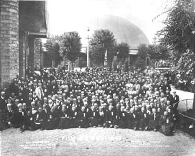 Historic George Edward Anderson photo of 1847 pioneers still surviving 50 years later in 1897 and gathered near Assembly Hall on Temple Square in Salt Lake City.