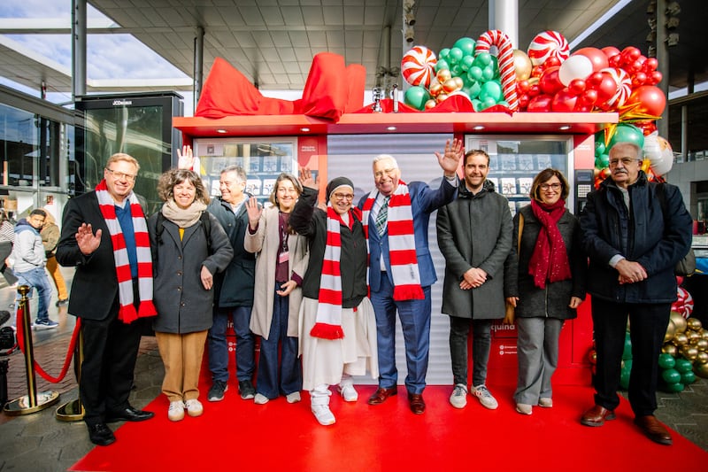 Elder Rubén V. Alliaud, president of the church’s Europe Central Area, and Sister Lucía Caram, a recognized Dominican nun in Barcelona, Spain, pause for a photo alongside several organizational representatives at the launch event held to celebrate the arrival of the new Giving Machines in Spain on Nov. 28, 2025.