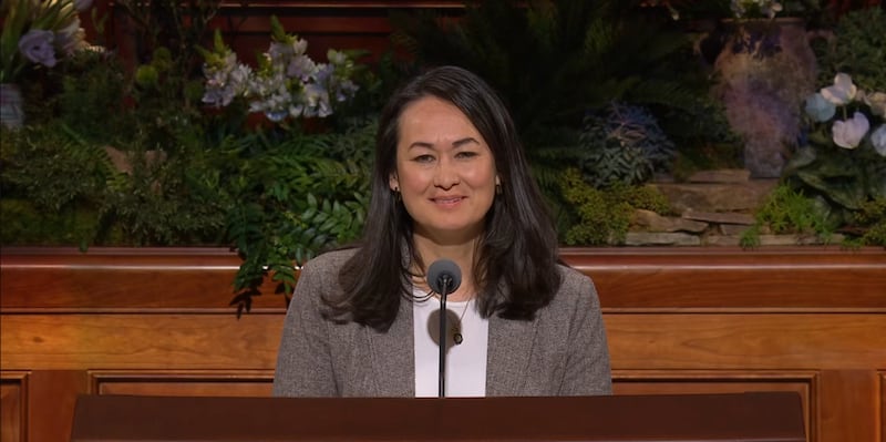 Sister Christine M. Yee, second counselor in the Relief Society general presidency, speaks during the Saturday morning session of the 196th annual general conference of The Church of Jesus Christ of Latter-day Saints, April 4, 2026, at the Conference Center in Salt Lake City.