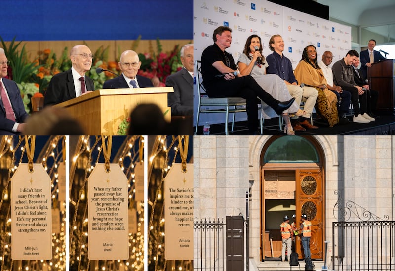 Clockwise from top left: President Henry B. Eyring, first counselor in the First Presidency, speaks at the 2026 Seminar for New Mission Leaders at the Provo Missionary Training Center on Sunday, June 21, 2026, in Provo, Utah; Guest artists, from left, Donny Osmond, Stephanie J. Block, Sebastian Arcelus, Debra Bonner, Harry Bonner and Daniel Emmet, speak about performing with The Tabernacle Choir and Orchestra at Temple Square at the Hollywood Bowl as part of the "Songs of Hope" tour during a news conference at the Sheraton Universal Hotel in Los Angeles, California, on Thursday, June 25, 2026; The refurbished, original east doors of the Salt Lake Temple are reinstalled on Tuesday, June 23, 2026; Example testimonies are displayed on hanging tags. Testimony submissions are now being collected for possible display on Temple Square in Salt Lake City during Christmastime 2026.