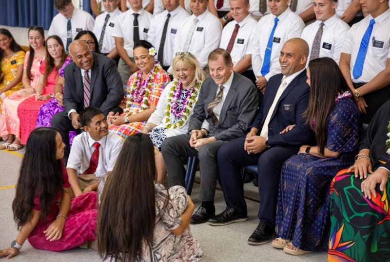 From left: Elder Taniela Wakolo, a General Authority Seventy, and Sister Anita Wakolo; Sister Lesa Stevenson and Elder Gary E. Stevenson of the Quorum of the Twelve Apostles; and Samoa Apia Mission President Adney Reid and Sister Tina Reid participate in a devotional with missionaries in Apia, Samoa, on May 22, 2026.