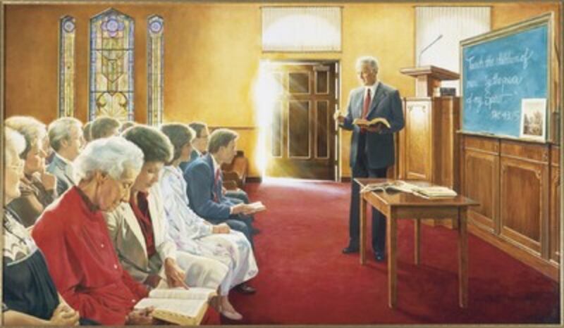 A painting by Greg Olsen depicting a Sunday School teacher instructing his class was on display duri