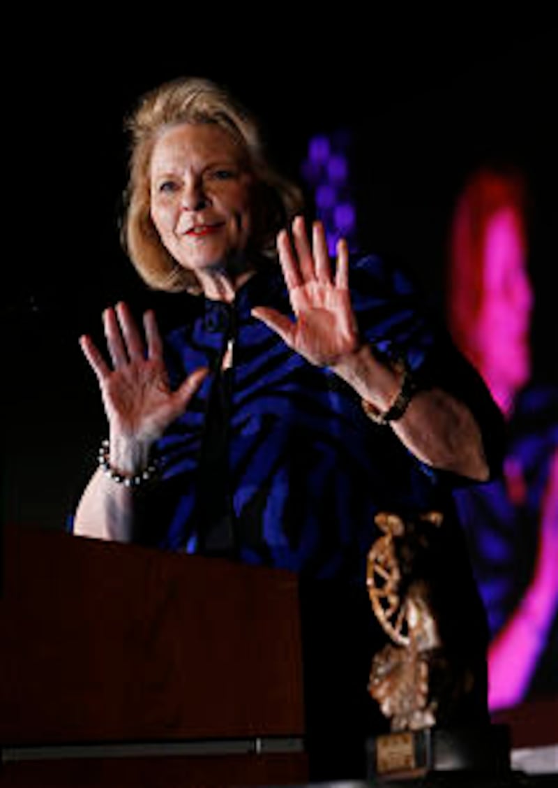 Sheri L. Dew speaks after receiving the Pioneer in Leadership Award from the BYU Management Society,