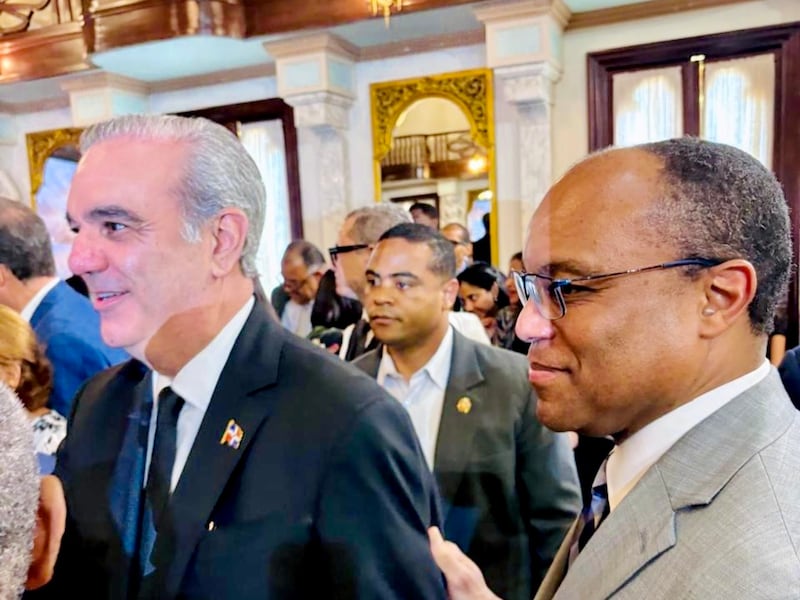 Elder Ahmad S. Corbitt, a General Authority Seventy and a member of the Caribbean Area presidency, stands with Dominican Republic President Luis Abinder at a national day of prayer and thanksgiving interfaith event held Sept. 7, 2026, in the Hall of Caryatids at the National Palace in Santo Domingo, Dominican Republic.