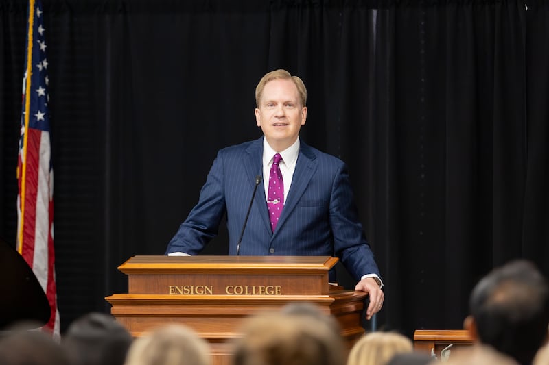 Deseret News publisher Burke Olsen speaks during an Ensign College devotional in Salt Lake City, Sept. 8, 2026.