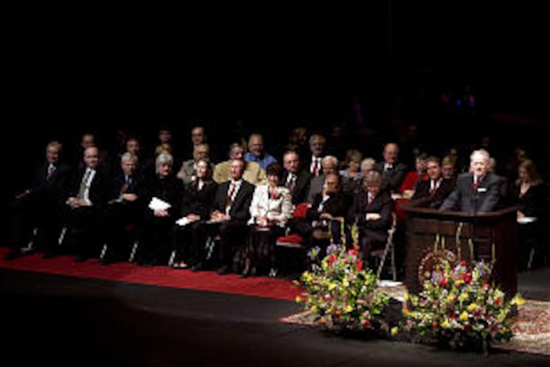 Stephen D. Nadauld stands at the podium during his March 19 inauguration. He had served as Dixie Sta