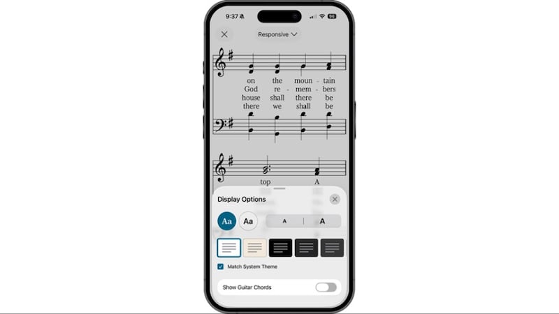 Image of guitar chord notation option on Gospel Library app